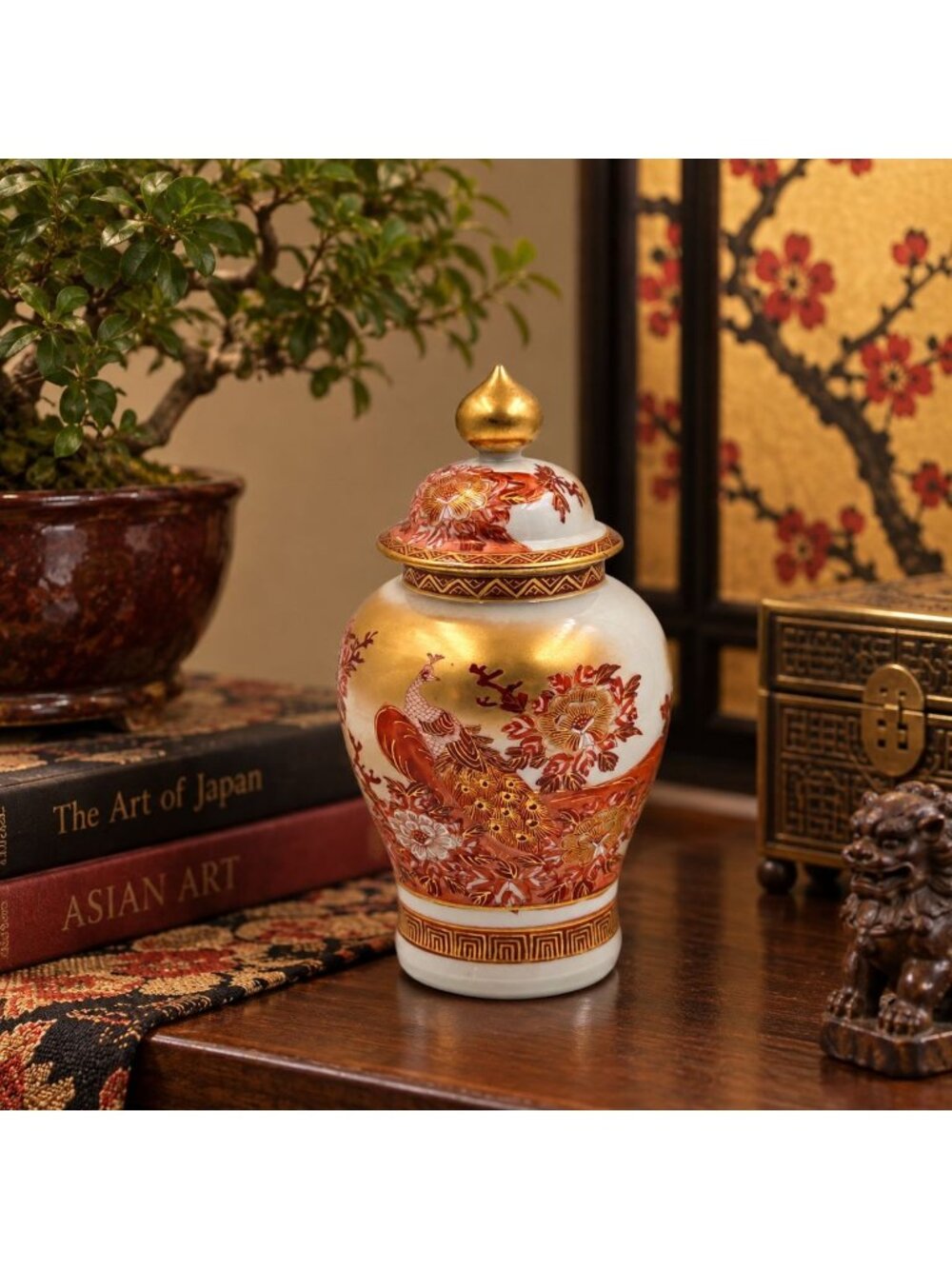 Kutani Peacock & Peony Covered Vase From the Meiji Period